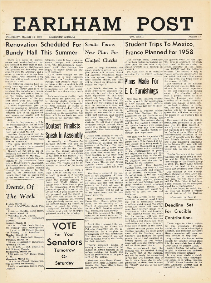 Earham Post: March 14, 1957 Thumbnail