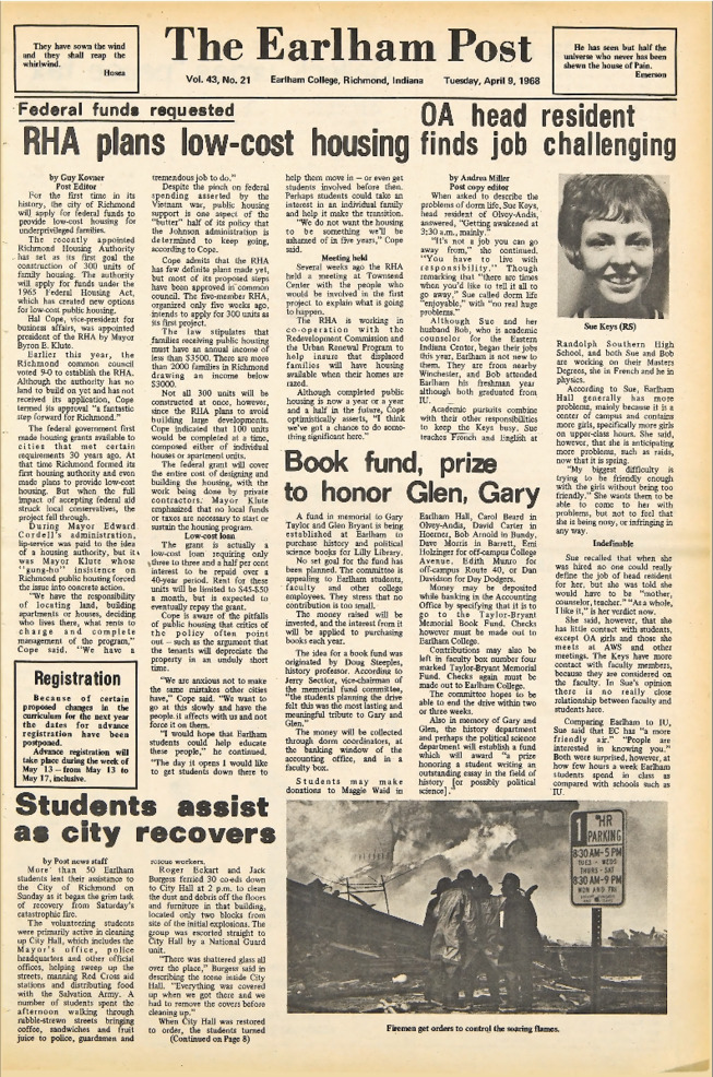 Earlham Post: April 9, 1968 Thumbnail
