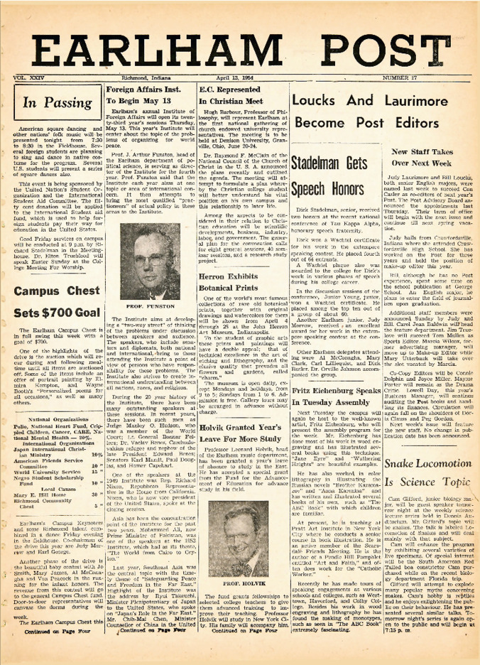 Earlham Post: April 13, 1954 Thumbnail