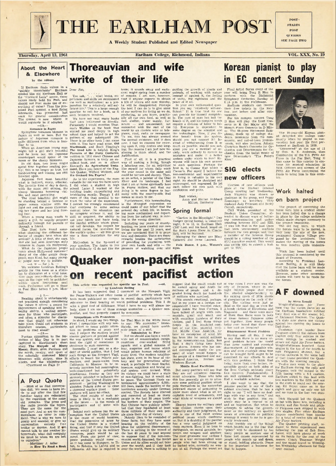Earlham Post: April 13, 1961 Thumbnail