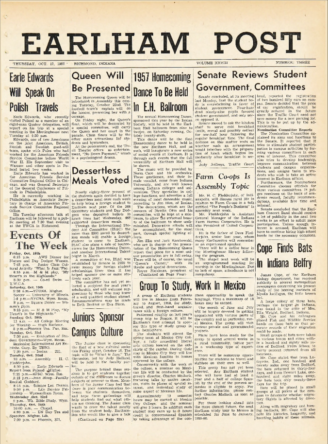 Earham Post: October 17, 1957 Thumbnail