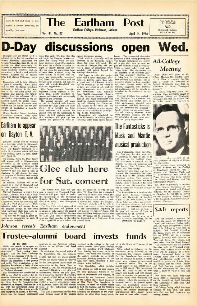 Earlham Post: April 14, 1966 Thumbnail