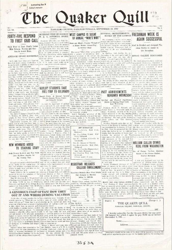 Quaker Quill: September 19, 1927 Thumbnail