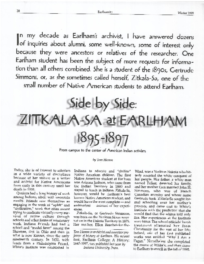 Side by Side: Zitkala-Sa at Earlham, 1895-1897: From Campus to the Center of American Indian Activism Miniature
