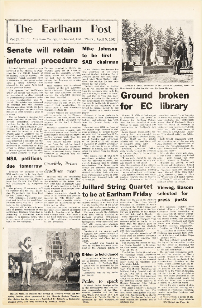 Earlham Post: April 5, 1962 Thumbnail