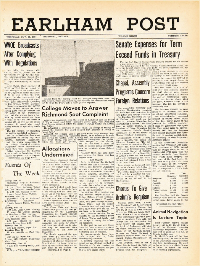 Earham Post: November 21, 1957 Thumbnail